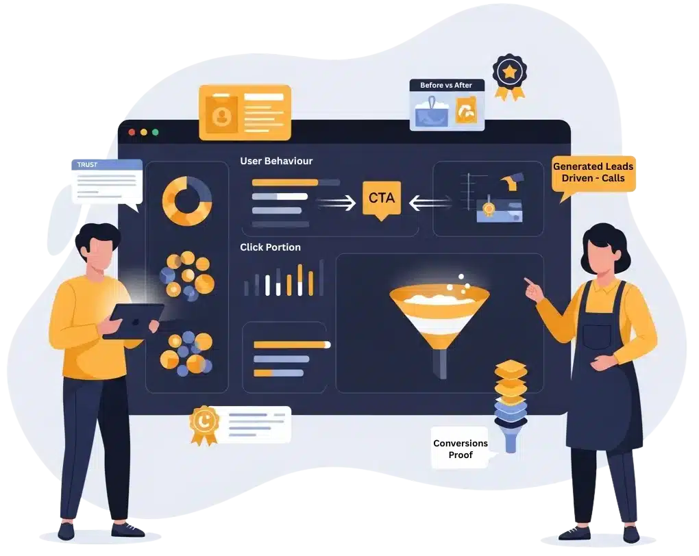 Flat-vector illustration showing a central CRO engine connected to panels for traffic optimization, trust-building, measurable control, and improved marketing ROI for cleaning businesses.
