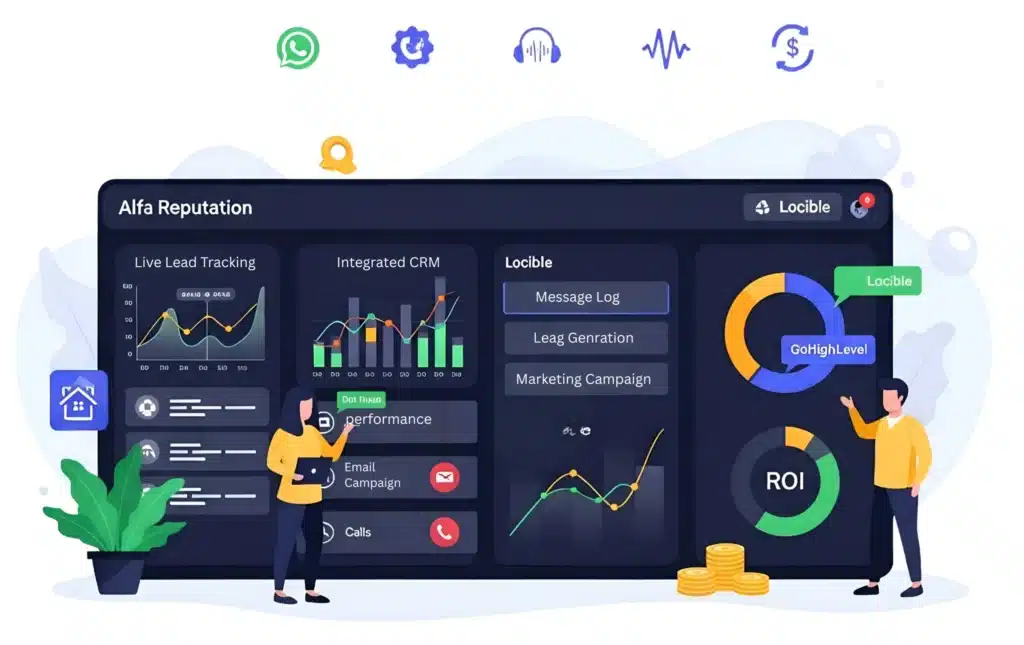 Flat-vector illustration of marketing strategists analyzing a large real-time reporting dashboard with CRM, ROI, and multi-channel tracking icons, representing Alfa Reputation’s transparent technology system for kitchen cleaning businesses.