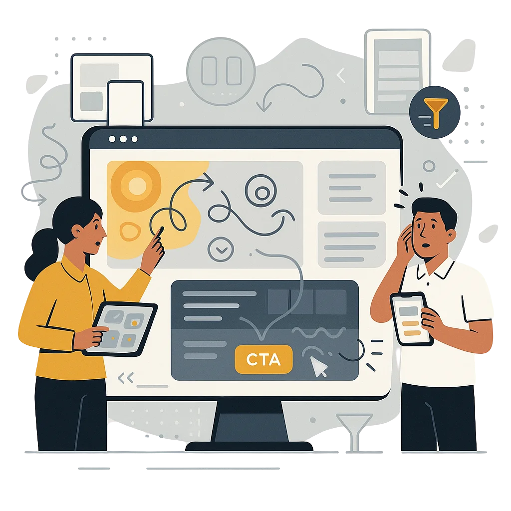 Flat-vector illustration of mobile booking behavior analytics with heatmaps, click patterns, form tracking, and CRO analysis for cleaning service websites, using Alfa Reputation’s gold and deep navy palette.