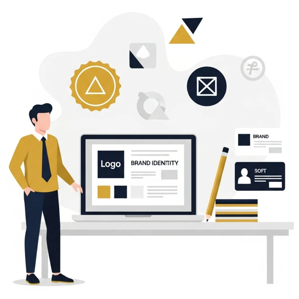 Flat-vector illustration showing a character standing beside a clean workspace with a laptop, pencil, and branding kit, symbolising strong brand identity for kitchen cleaning Branding Services.