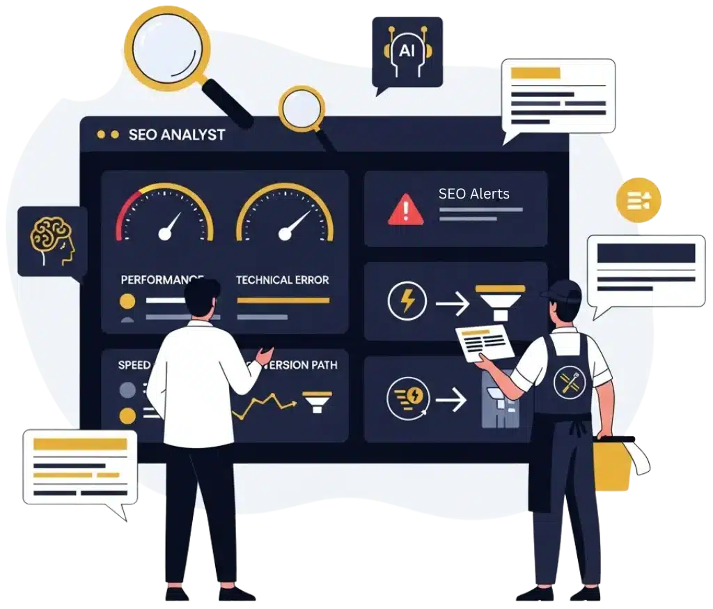 Flat-vector illustration of an SEO specialist performing an in-depth website audit with diagnostic panels, technical insights, and AI-powered analysis for kitchen cleaning businesses.