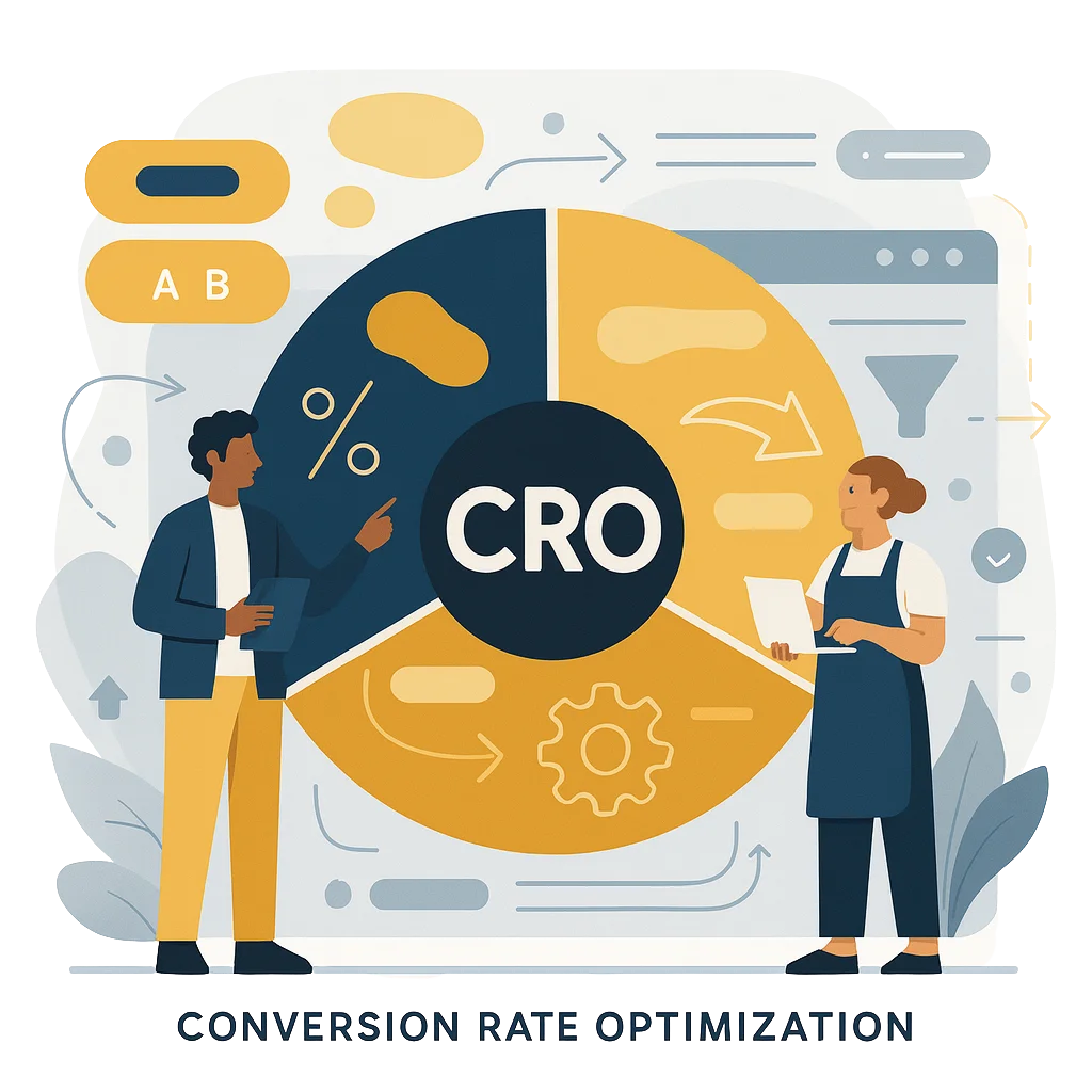 Flat-vector illustration showing a CRO optimization dashboard with A/B testing elements, conversion funnels, and user-behavior visuals, designed to represent website improvements for cleaning companies.