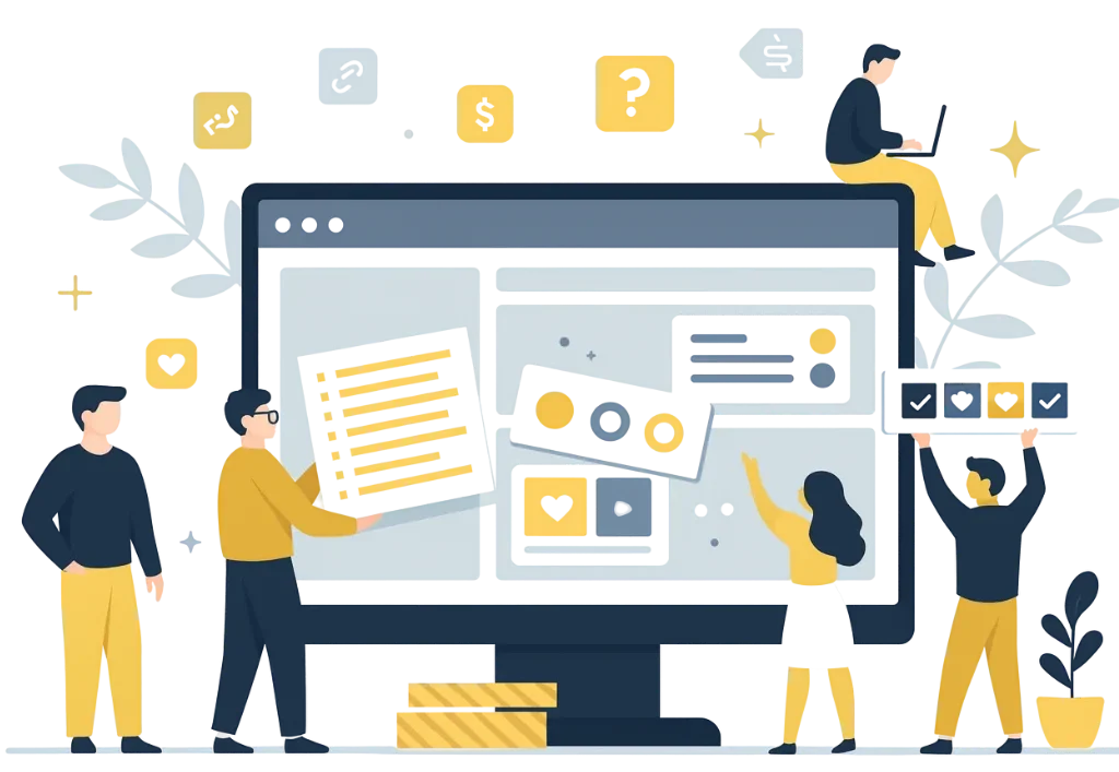 Flat-vector illustration of a cleaning business owner reviewing a custom website design while a restaurant manager interacts with a mobile version, highlighting trust-focused web design for kitchen cleaning companies.