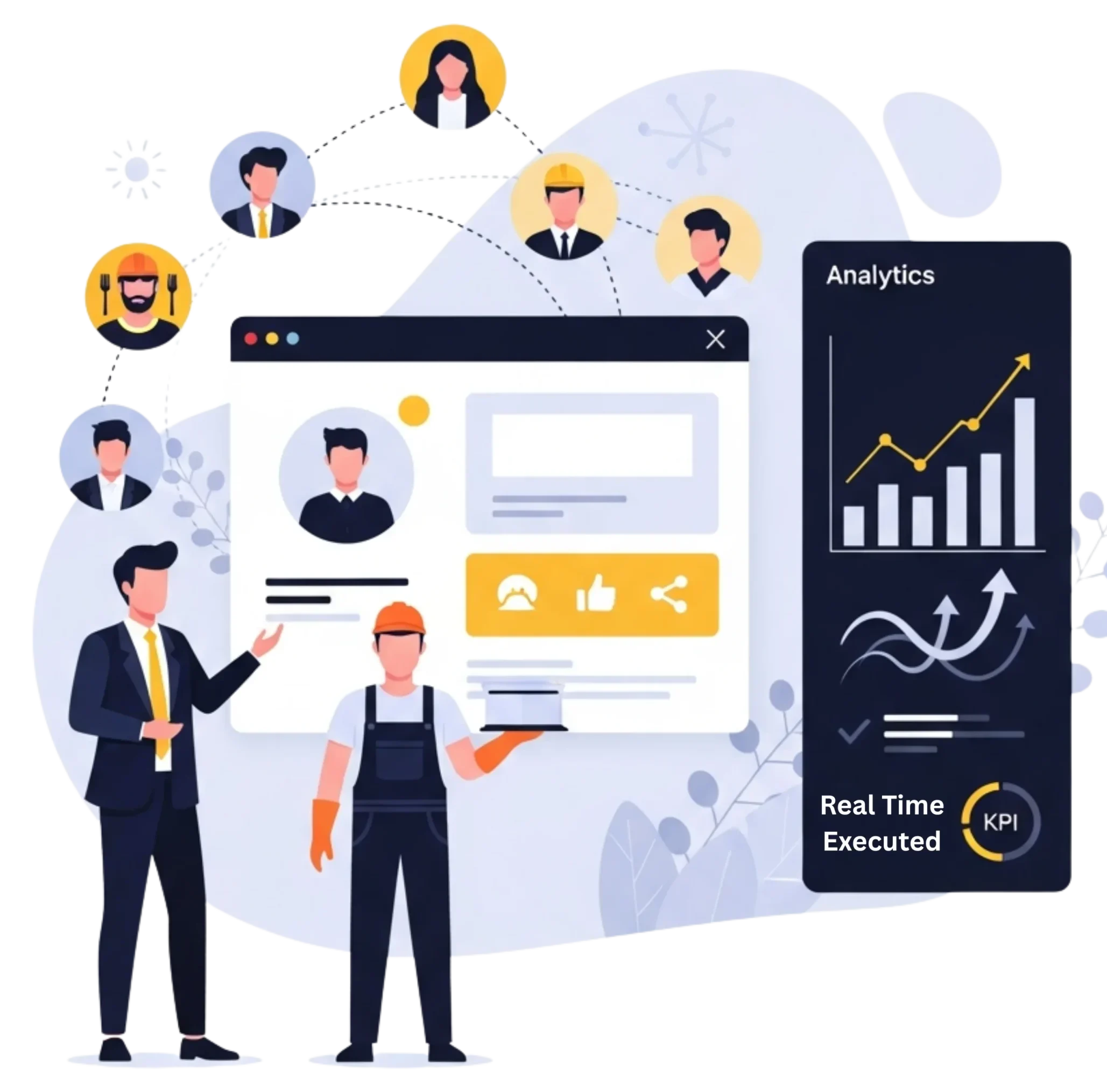 Flat-vector illustration of a strategist guiding a kitchen cleaner through a LinkedIn-style advertising interface with connected professional avatars and analytics visuals, representing Alfa Reputation’s data-driven B2B ad targeting for cleaning businesses.