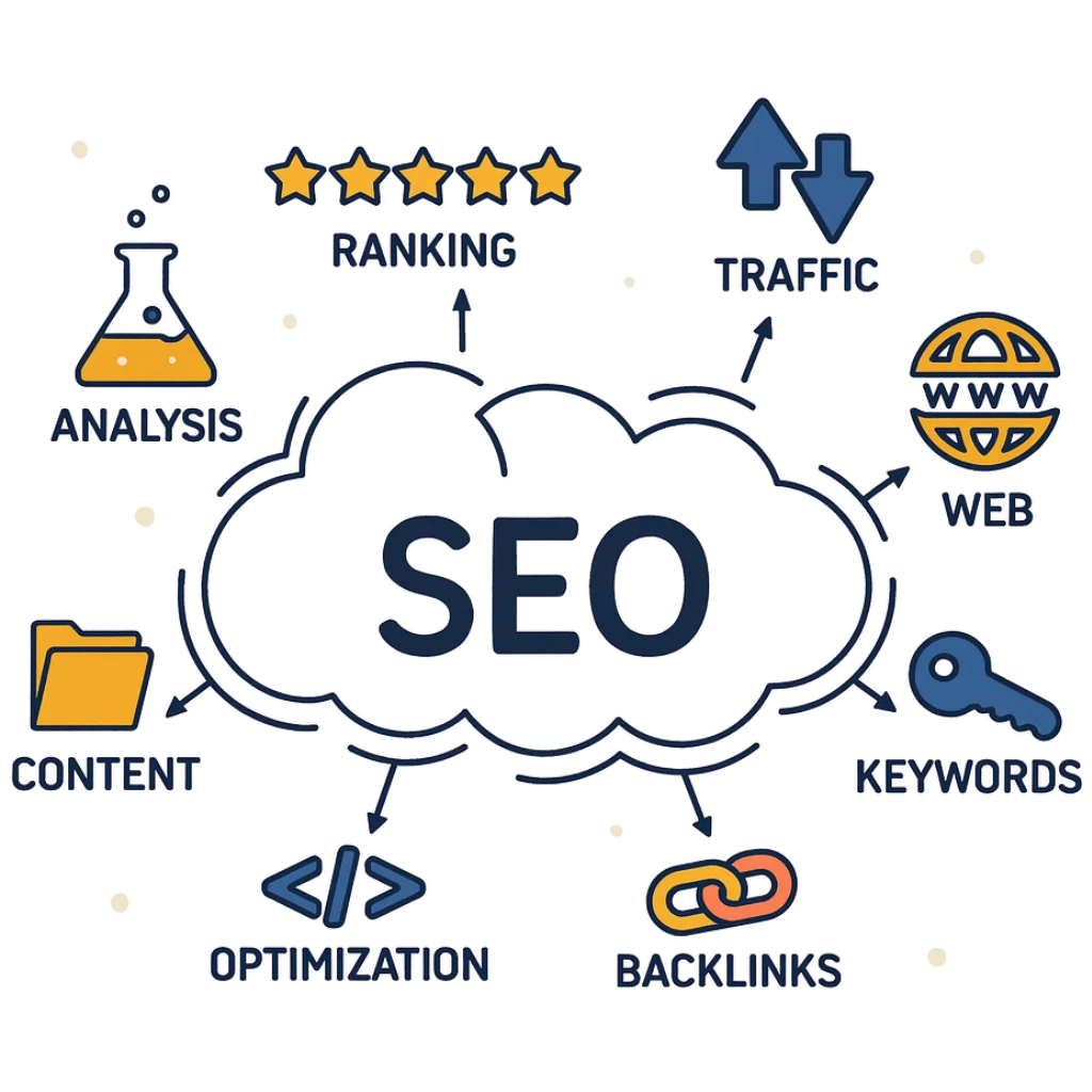 Flat-vector digital PR outreach illustration showing a marketer managing outreach to restaurant, hotel, and facility industry platforms, symbolising high-quality earned backlinks for kitchen cleaning brands.