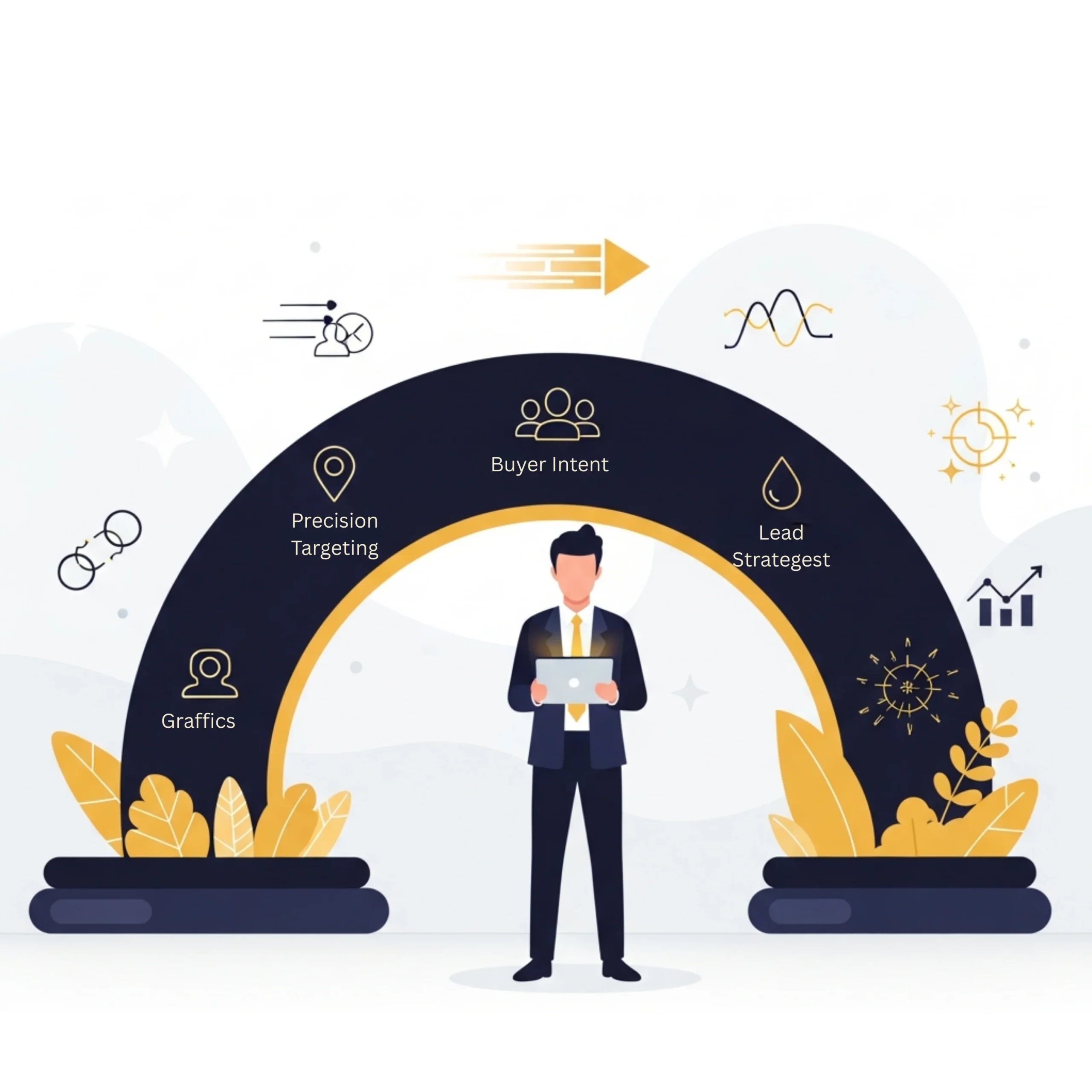 Hero-style flat-vector illustration of a digital advertising strategist standing before a modern semi-circular ad-performance arc with targeting, audience, and conversion icons, representing Alfa Reputation’s premium social media advertising system.