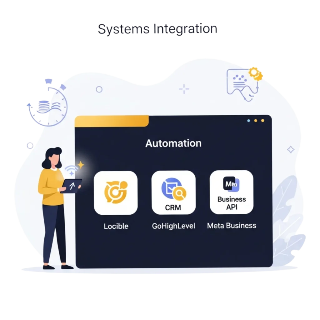Flat-vector illustration of marketing strategists managing an automated system dashboard with Locible, GoHighLevel, and Meta API integration icons, representing Alfa Reputation’s unified marketing infrastructure for kitchen cleaning companies.