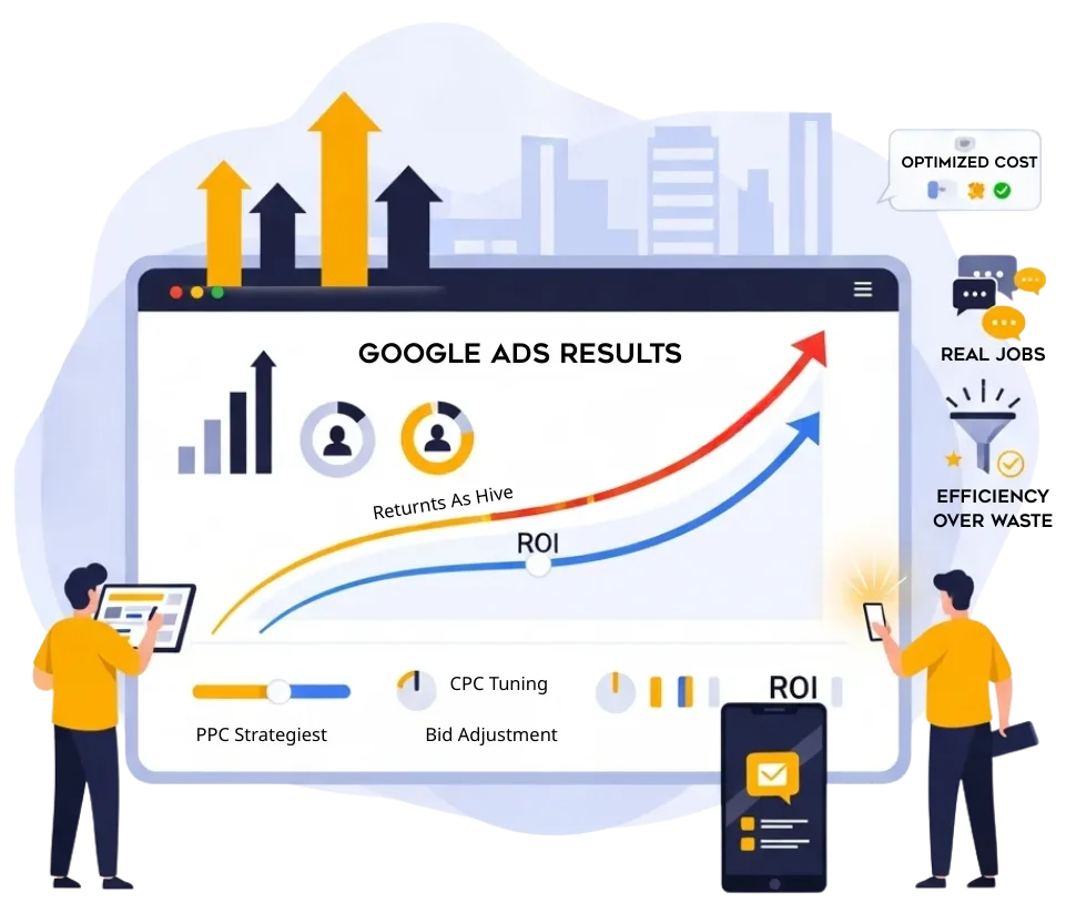 Flat-vector illustration of an ROI-driven Google Ads dashboard with optimization controls, targeting icons, and real-lead notifications for cleaning businesses managed by Alfa Reputation.
