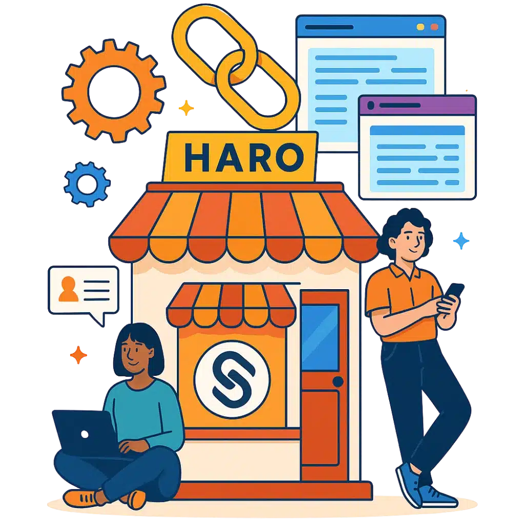 Flat-vector illustration of a PR strategist connecting a kitchen cleaning business to journalists through HARO-style media outreach, creating trusted backlinks and improving brand authority.