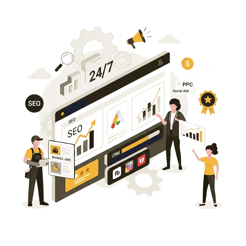Digital marketing engine illustration showing growth tools for commercial kitchen cleaning businesses, using Alfa Reputation’s gold, navy, and black flat-vector style.