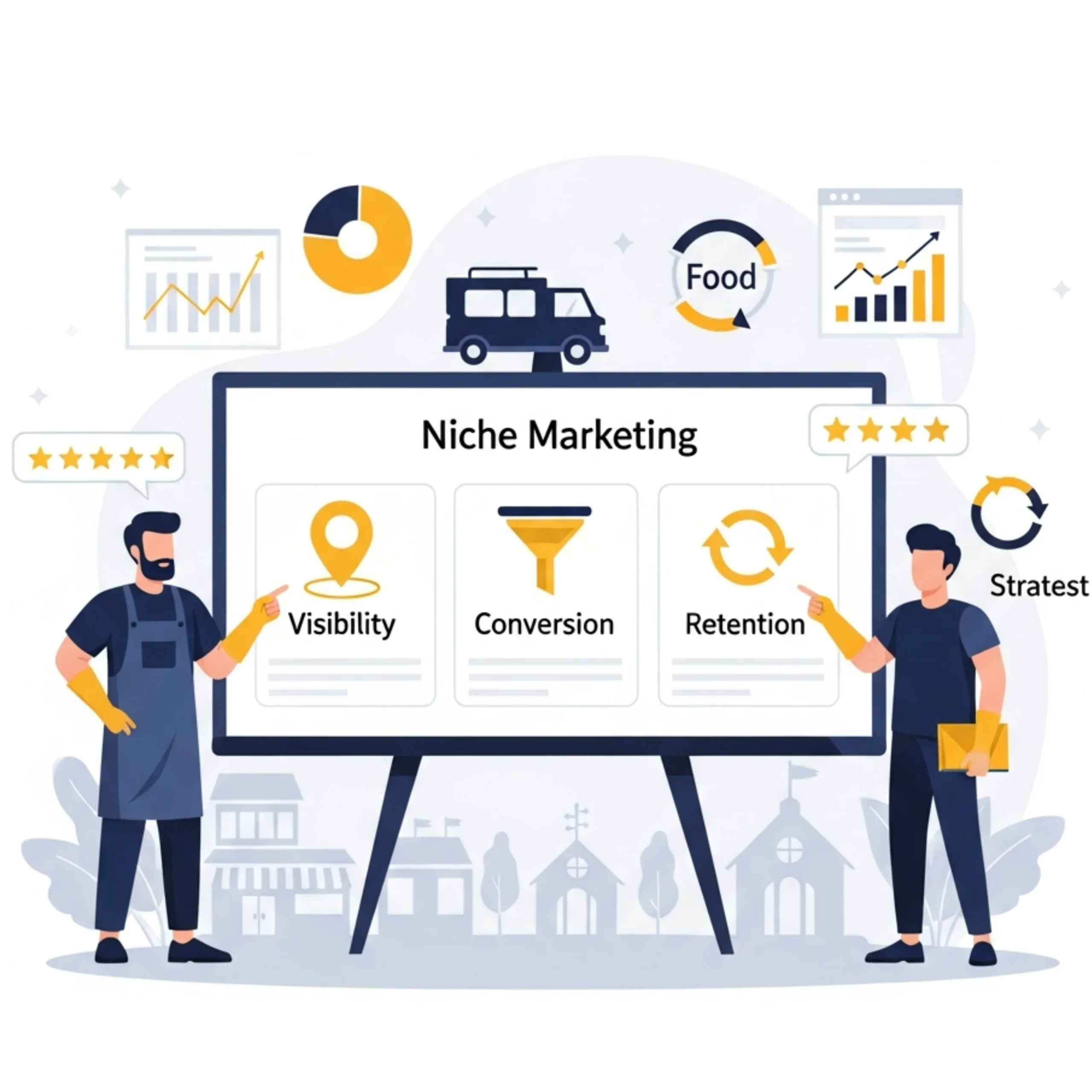 Flat-vector illustration of a kitchen cleaning specialist and strategist discussing a niche-focused marketing board with visibility, conversion, and retention icons, representing Alfa Reputation’s exclusive digital marketing system for commercial kitchen cleaners.