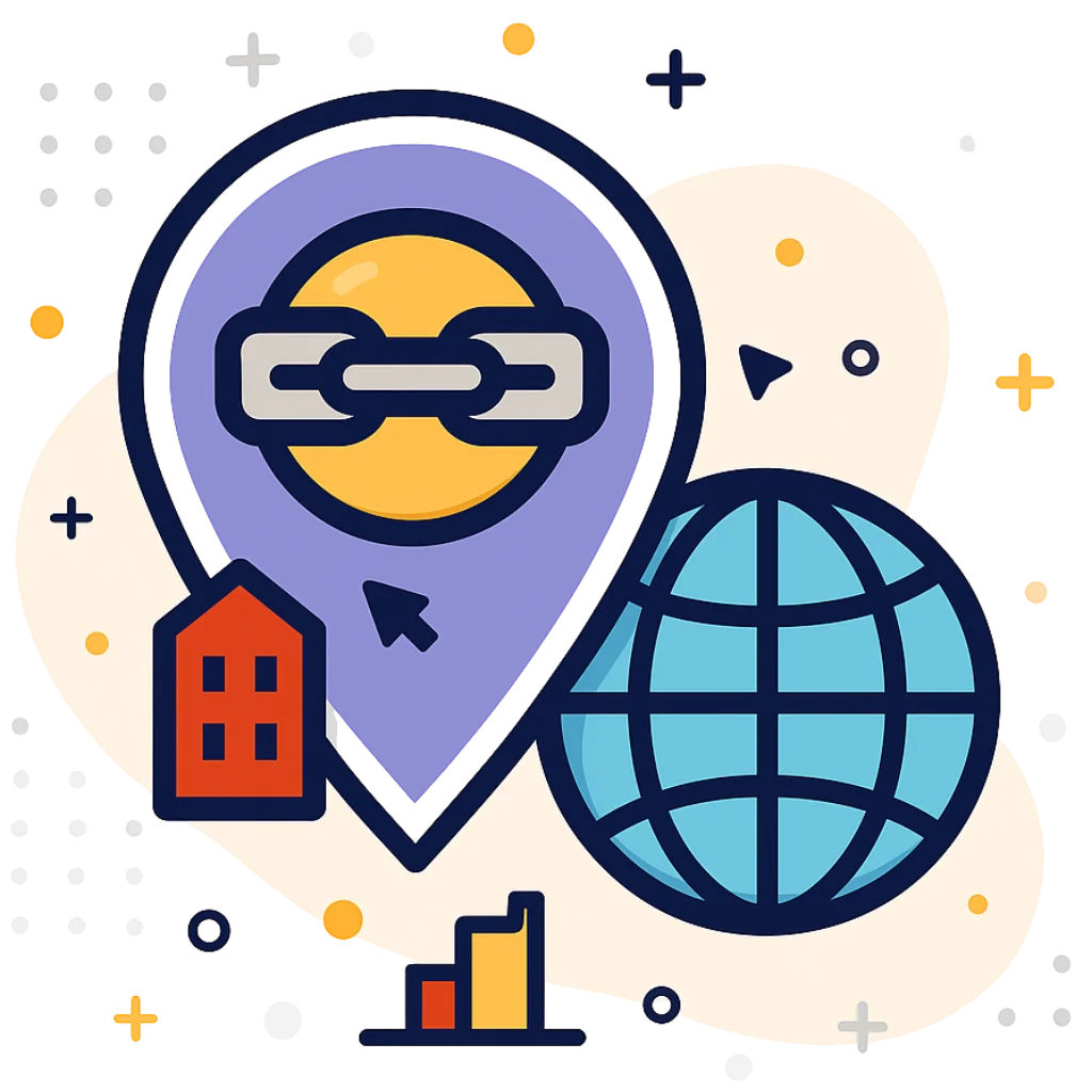 Flat-vector illustration of a digital map showing trusted local backlinks from restaurant blogs, supplier sites, and community platforms connecting to a kitchen cleaning business profile.