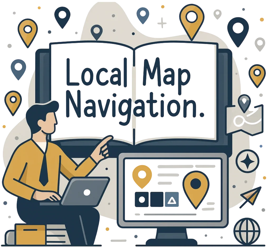 Flat-vector illustration showing a kitchen cleaning business owner and an SEO specialist reviewing a digital map with location pins and visibility indicators, representing Local SEO optimisation for service areas.