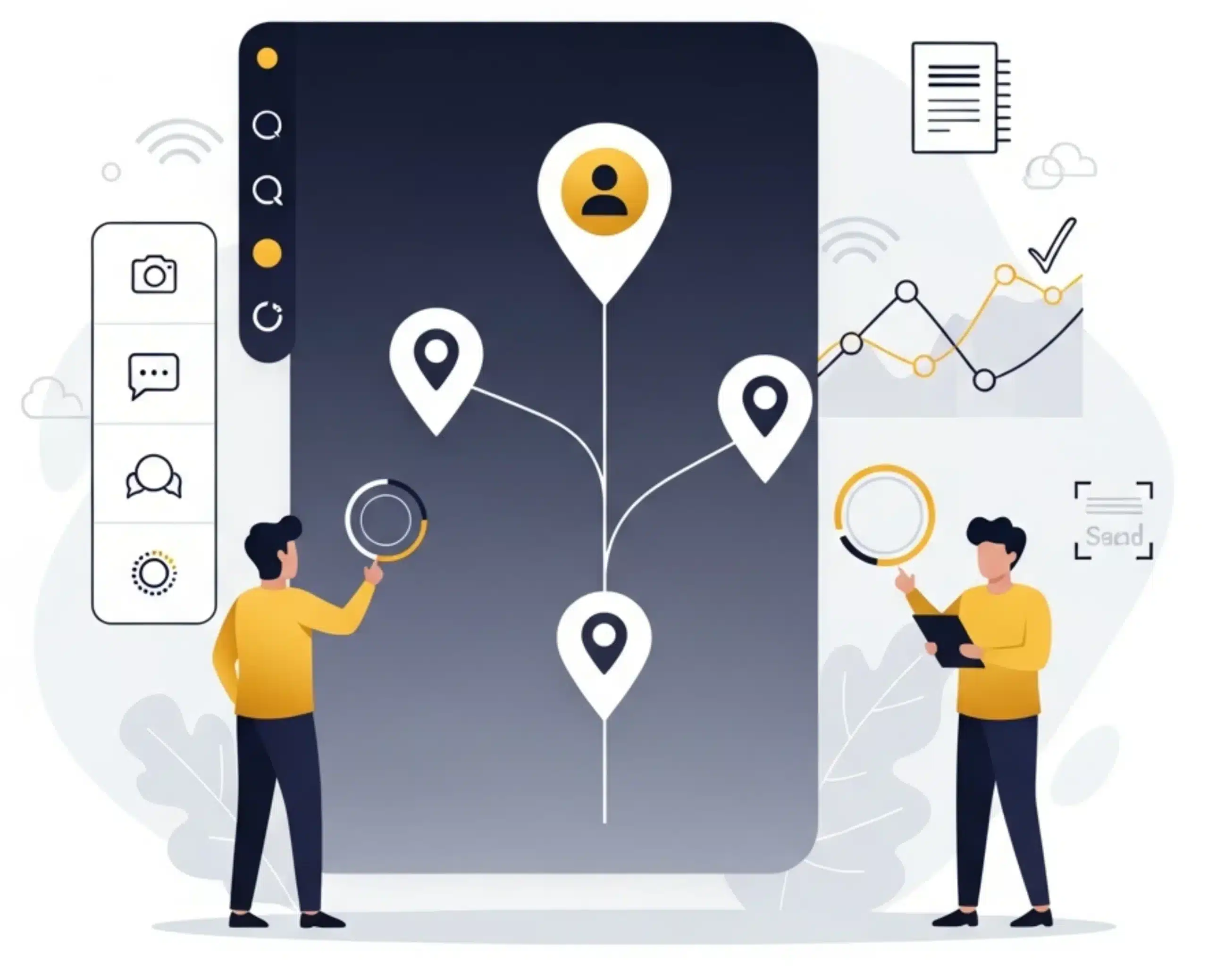 Flat-vector illustration of a marketing strategist reviewing a multi-location social media dashboard with clean UI modules for location pins, content grids, and synchronized posting, representing Alfa Reputation’s modern social media management system.
