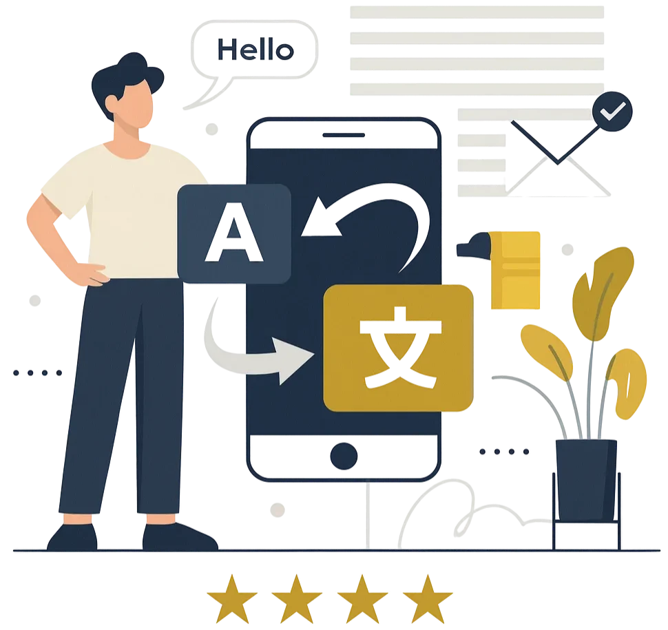 Flat-vector illustration of a copywriter creating clear, professional check-my-language-availability marketing content for an industrial kitchen cleaning business, with UI blocks, service icons, and a commercial cleaner character observing the process.