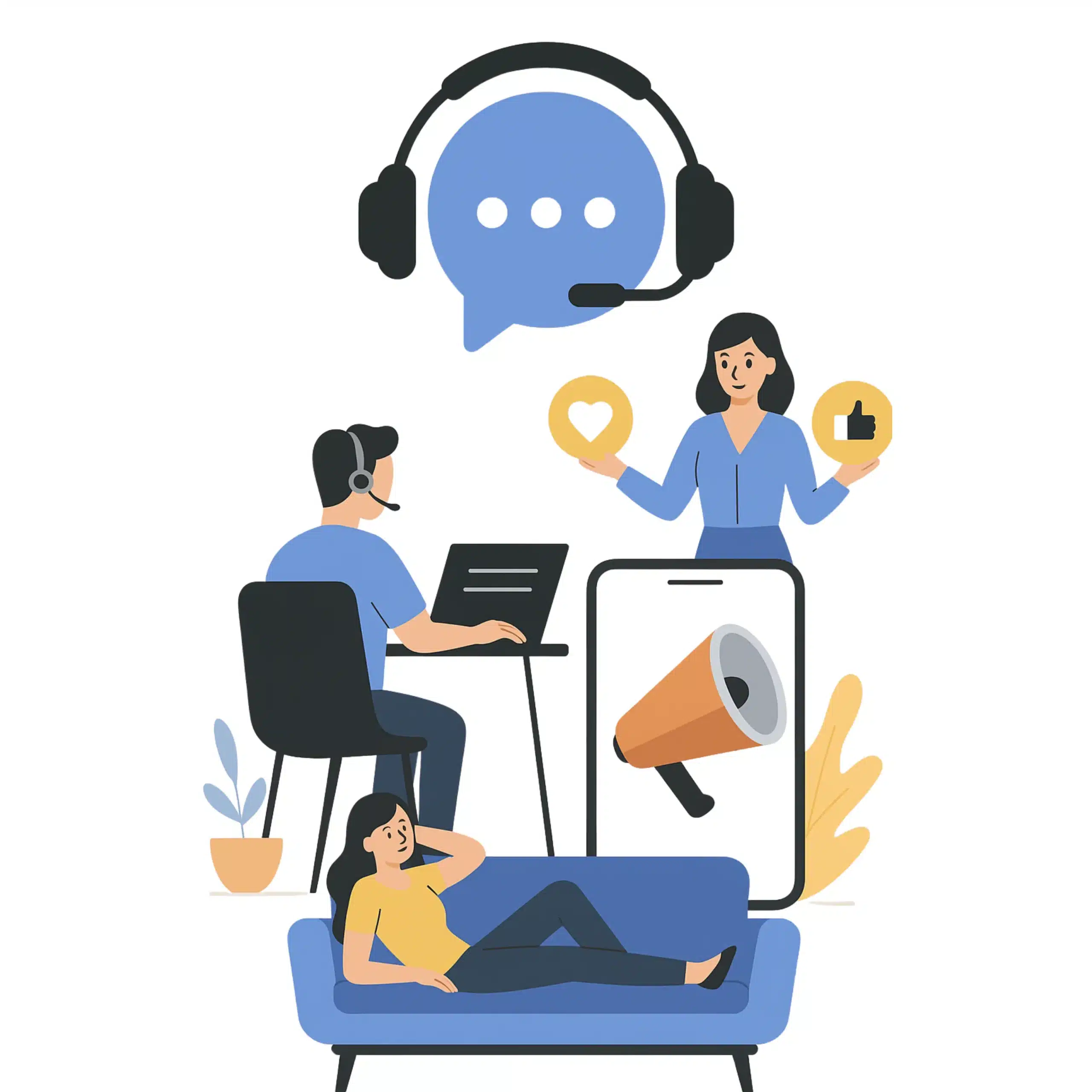 Flat-vector illustration of a strategist and kitchen cleaner using an outbound marketing dashboard with call, email, and prospecting icons, representing Alfa Reputation’s proactive outreach system for cleaning companies.