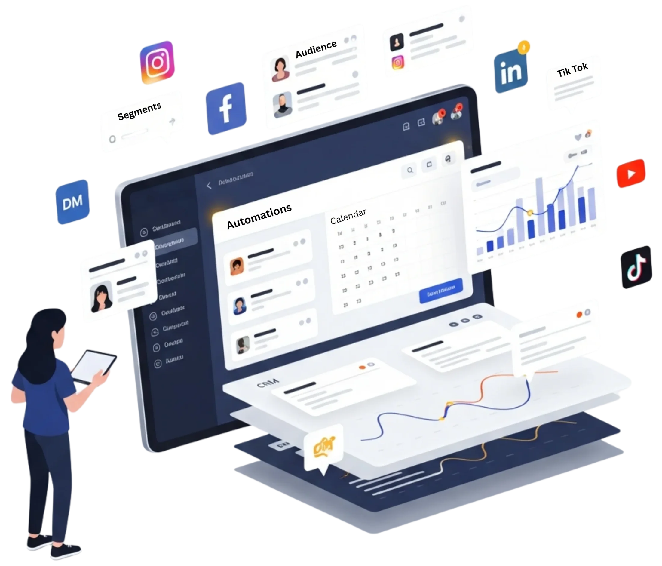 Flat-vector illustration of a digital marketing strategist managing multi-platform social media workflows with dashboards, CRM cards, automation lines, and analytics visuals, designed in Alfa Reputation’s premium gold and deep navy style.