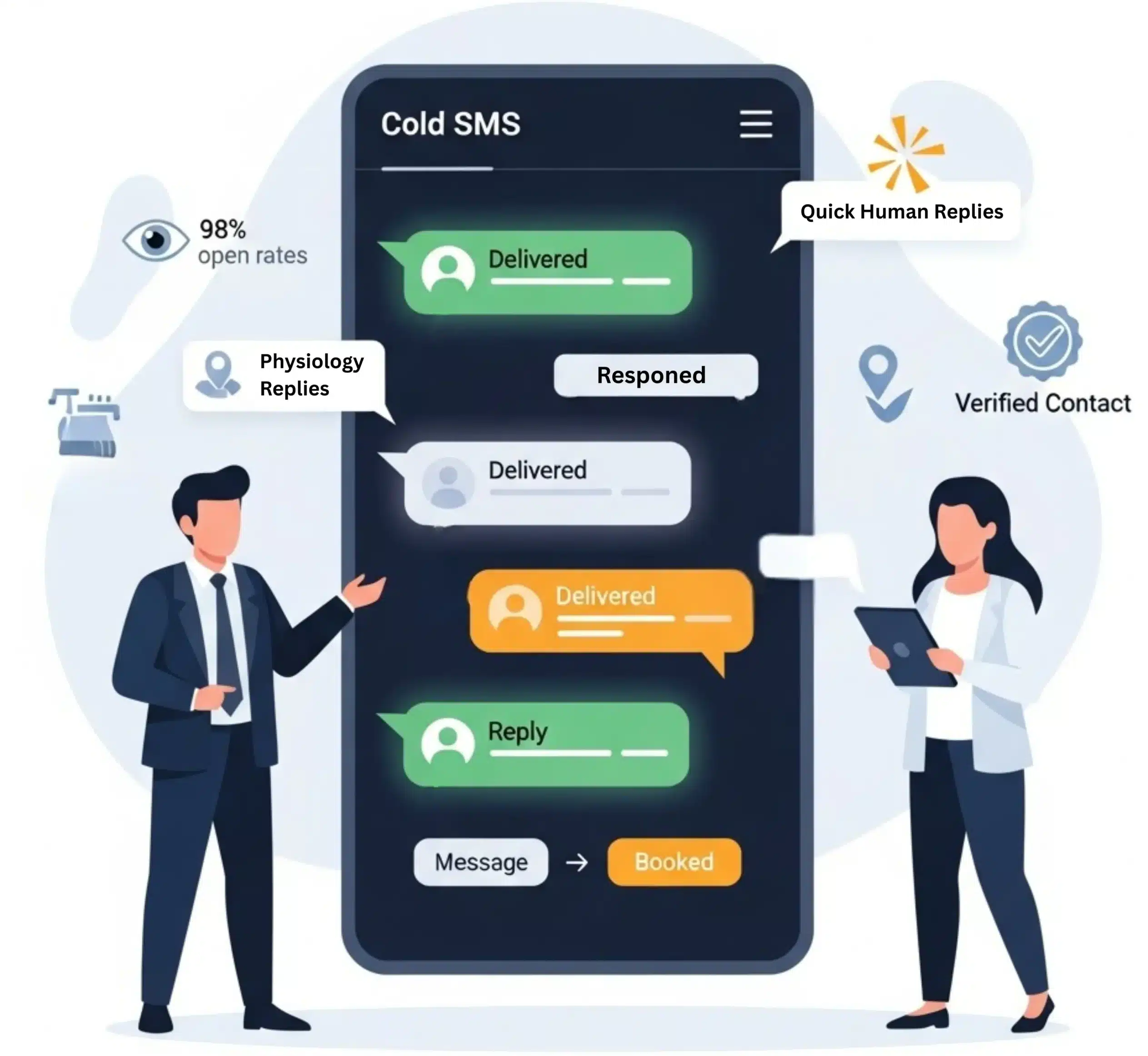 Flat-vector illustration of marketing strategists reviewing a clean, professional Cold SMS interface with reply, targeting, and verification icons, representing Alfa Reputation’s high-performance SMS marketing system for kitchen cleaning companies.