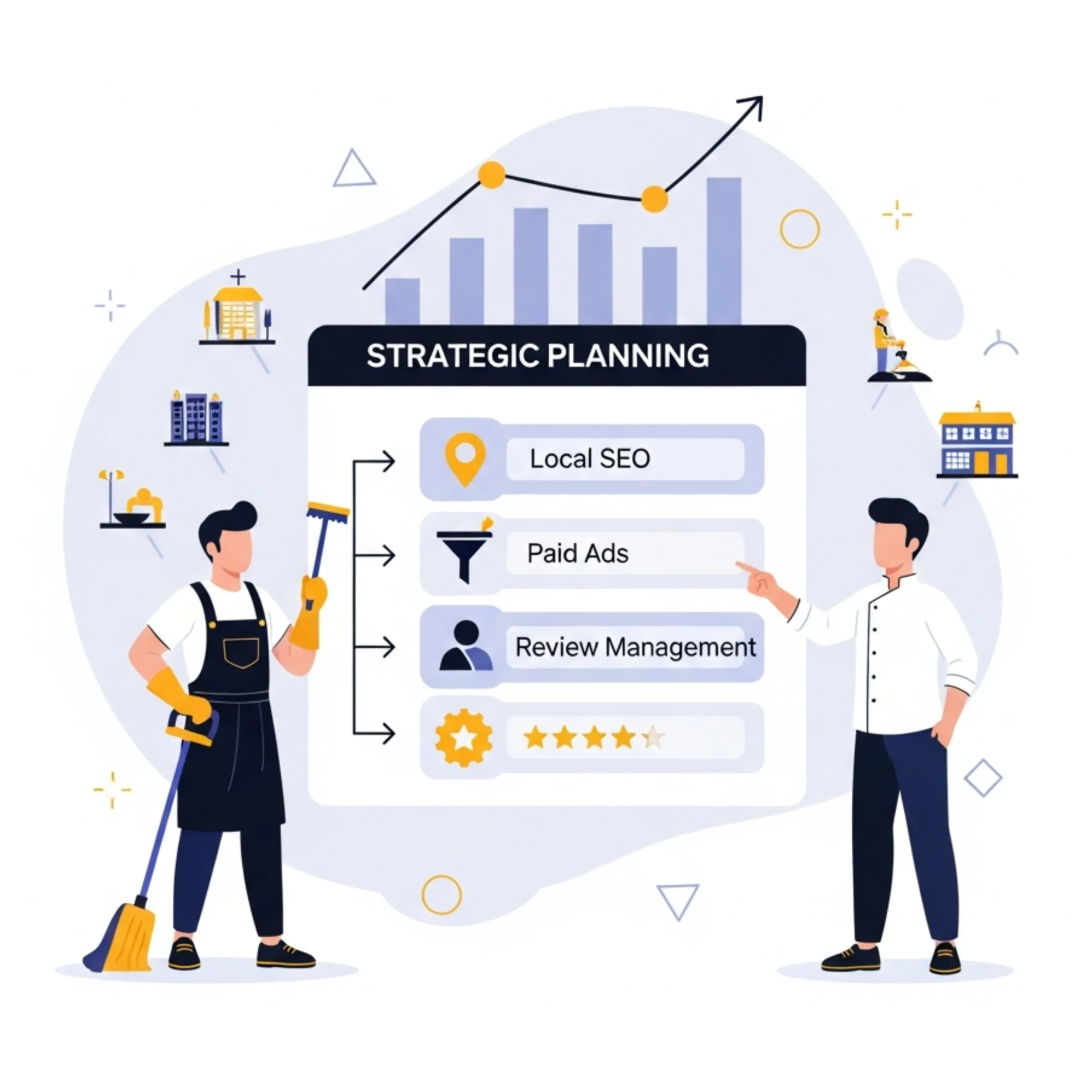 Flat-vector illustration of a kitchen cleaner and strategist standing beside a unified digital marketing workflow showing Local SEO, paid ads, and review management elements for proven kitchen cleaning growth.