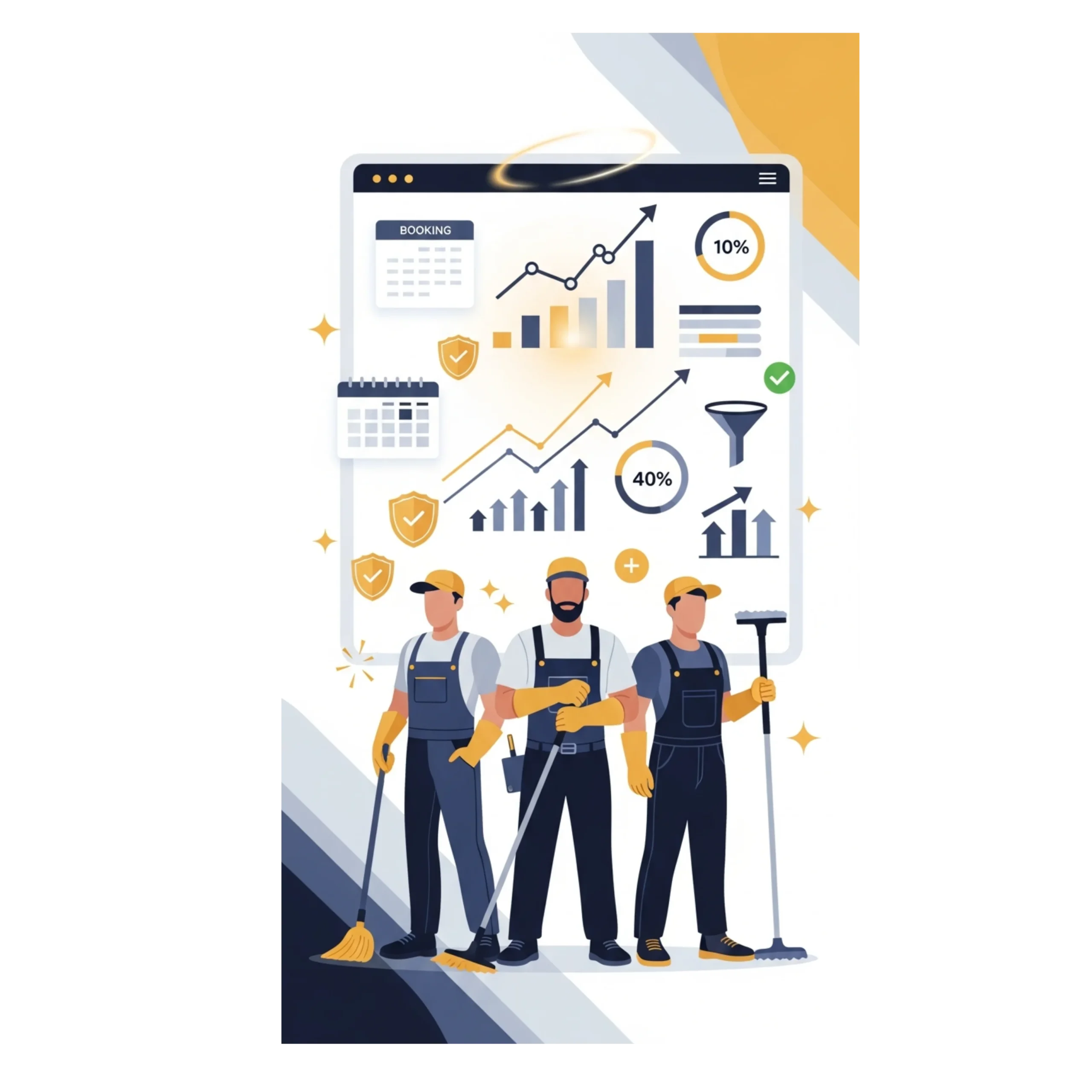 Flat-vector illustration of real commercial kitchen cleaners standing confidently in front of an abstract growth dashboard with rising metrics, symbolizing verified results and business expansion through Alfa Reputation’s marketing system.
