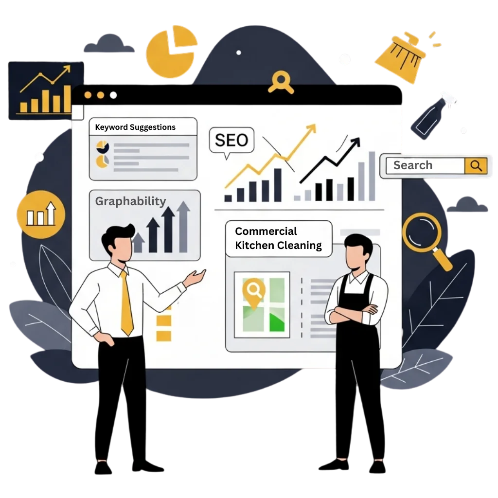 Flat-vector illustration of an SEO specialist presenting a customised search strategy to a commercial kitchen cleaning professional, with dashboards and ranking visuals in Alfa Reputation’s signature style.