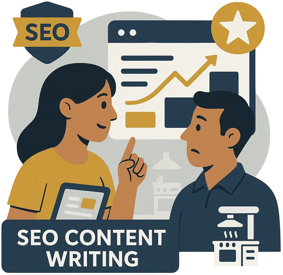 Flat-vector illustration of SEO content creation for kitchen-cleaning businesses, featuring gold-clothed characters analyzing floating content panels, keyword structures, and industry-specific icons in Alfa Reputation’s branded style.