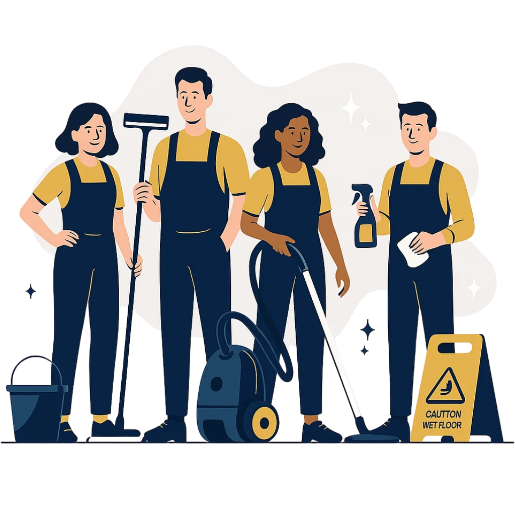 Flat-vector illustration of a cleaning business owner reviewing an SEO performance dashboard that generates ongoing leads and visibility, symbolising long-term growth for service companies.