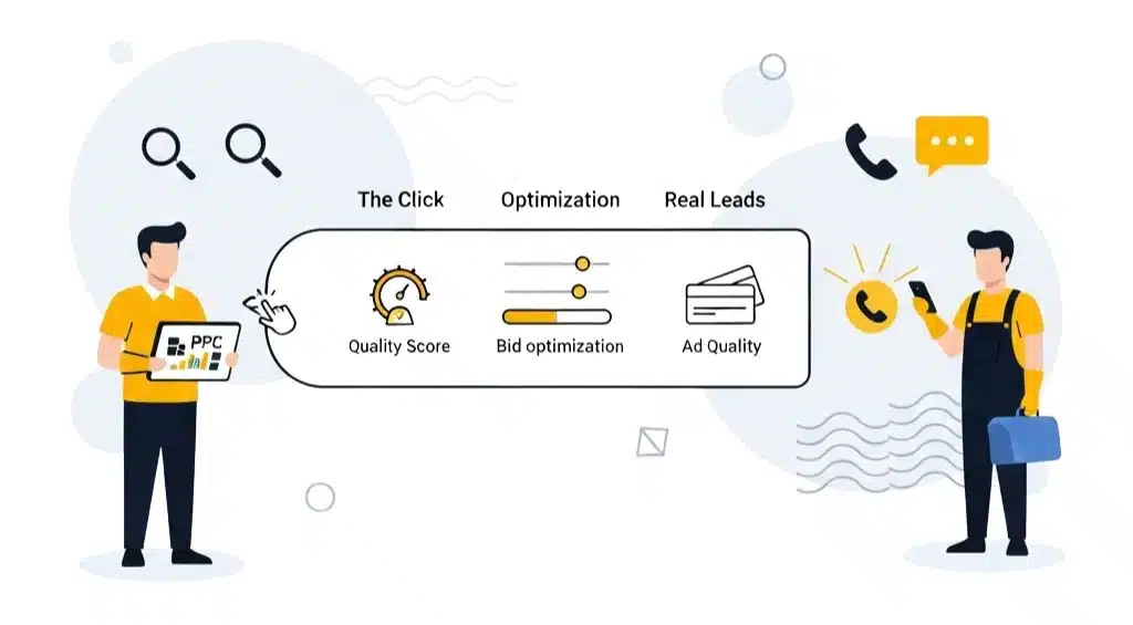 Minimal flat-vector illustration showing a three-step Google Ads flow from click to Quality Score to real cleaning lead.