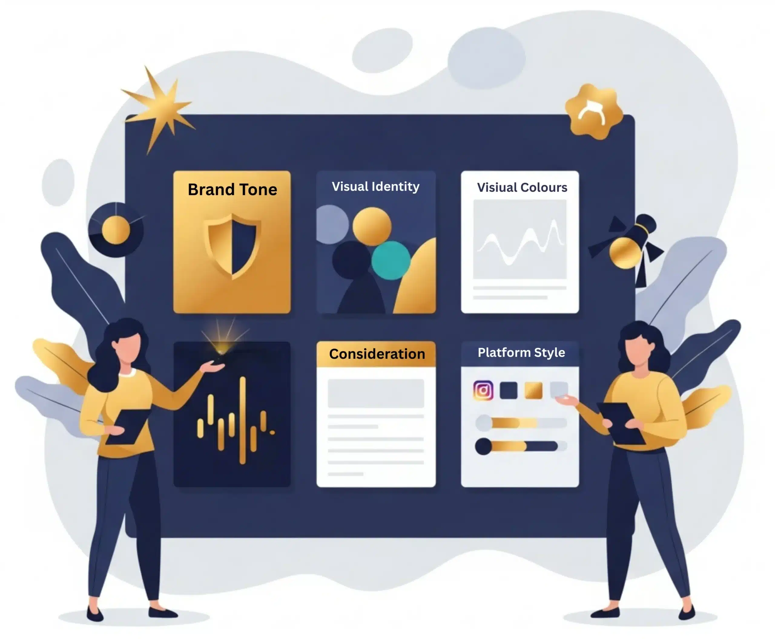 Minimal flat-vector illustration of two marketing strategists reviewing simple social media brand management icons, representing Alfa Reputation’s clean and strategic branding approach for kitchen cleaning companies.