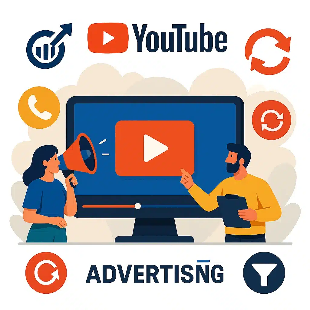 Simple flat-vector illustration of a YouTube-style video panel with minimal targeting and engagement icons for Alfa Reputation’s cleaning business advertising.