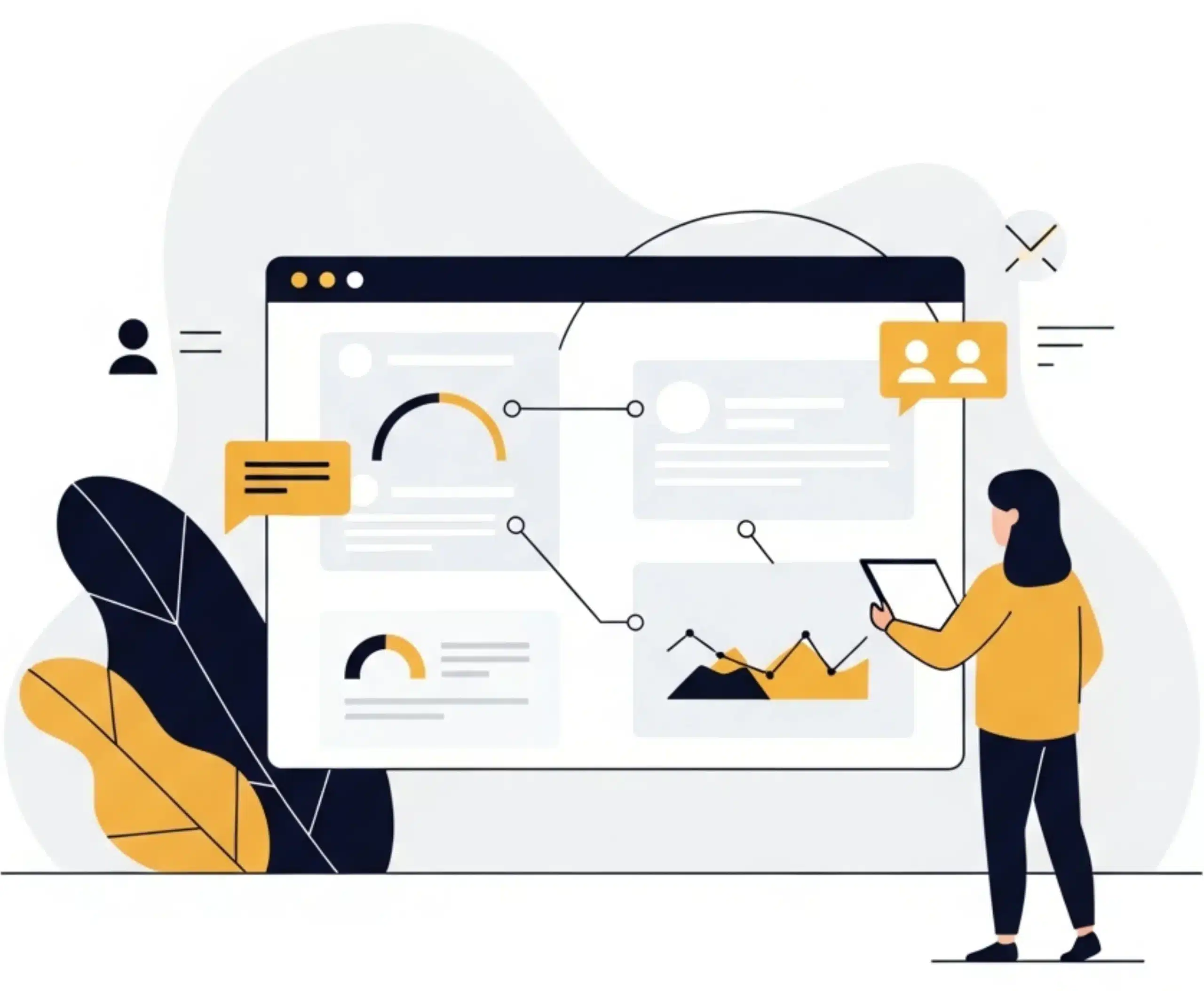 Flat-vector illustration of marketing strategists reviewing a social-media content layout with engagement and analytics icons, designed in Alfa Reputation’s gold and deep-navy palette for kitchen cleaning brand growth.