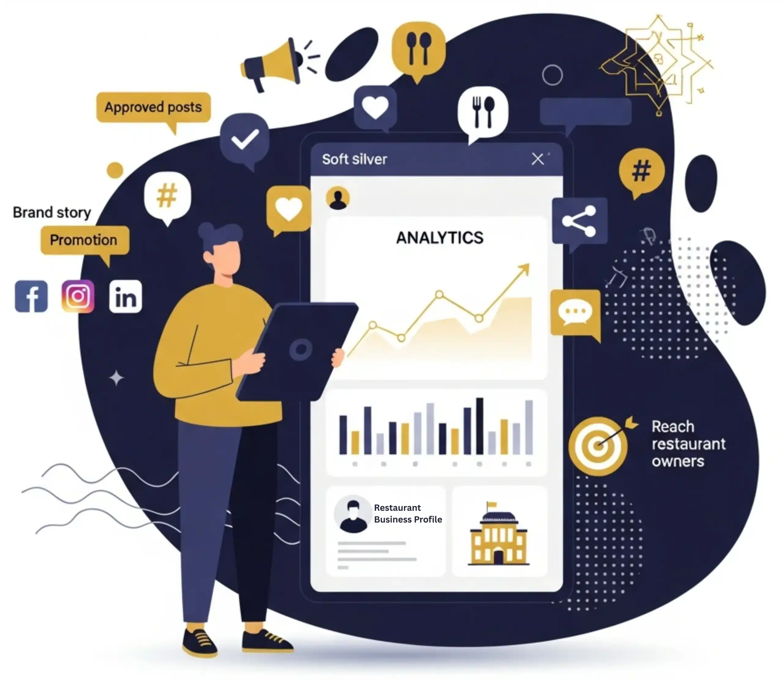 Flat-vector illustration of a marketing strategist reviewing a Social Media Marketing dashboard with floating CRM cards, targeting icons, and analytics lines, designed in Alfa Reputation’s gold and deep navy palette.
