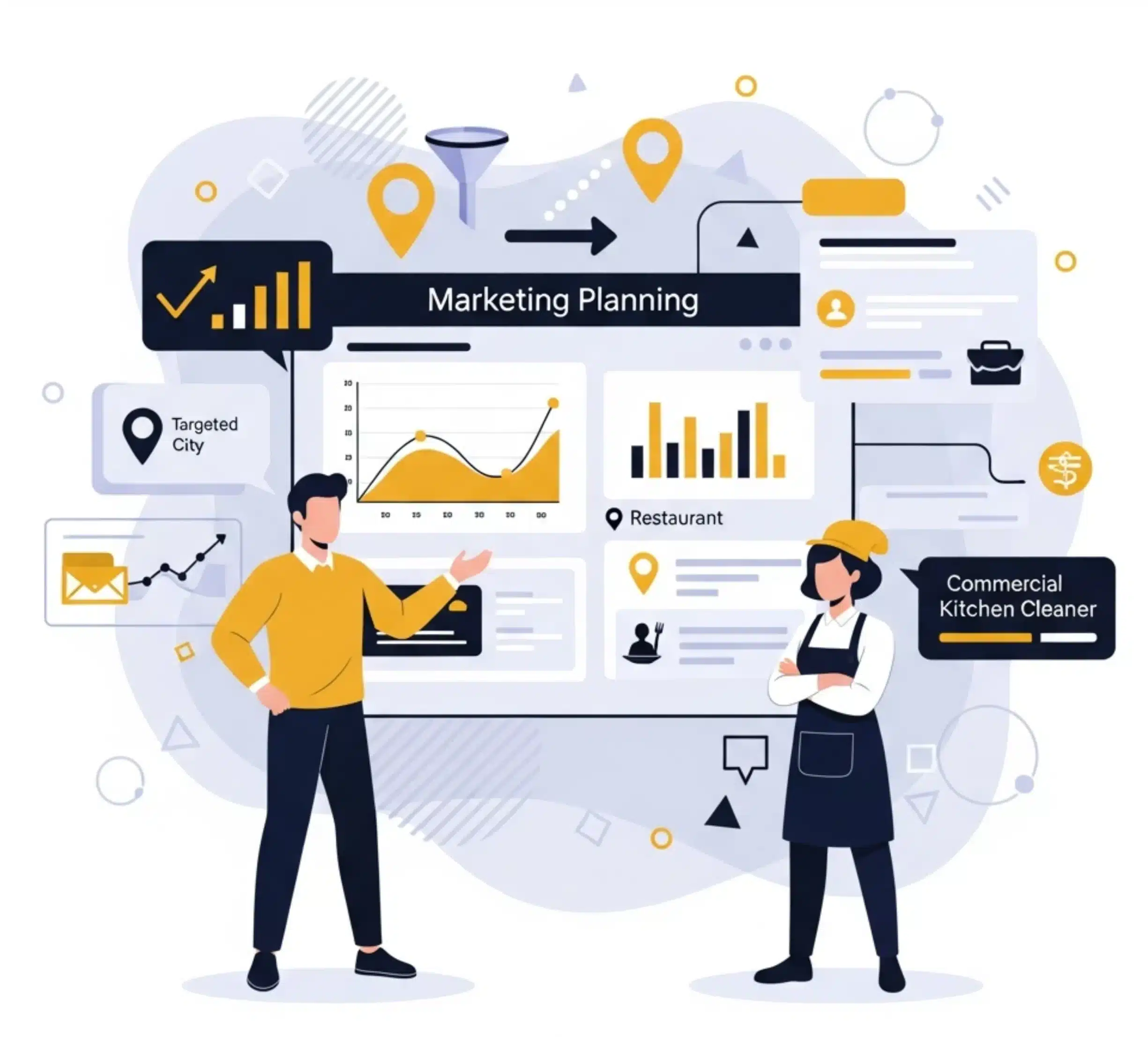 Flat-vector illustration showing a marketing expert presenting a digital growth strategy dashboard for commercial kitchen cleaning businesses, featuring charts, location targeting elements, and clean agency-style design for Alfa Reputation.