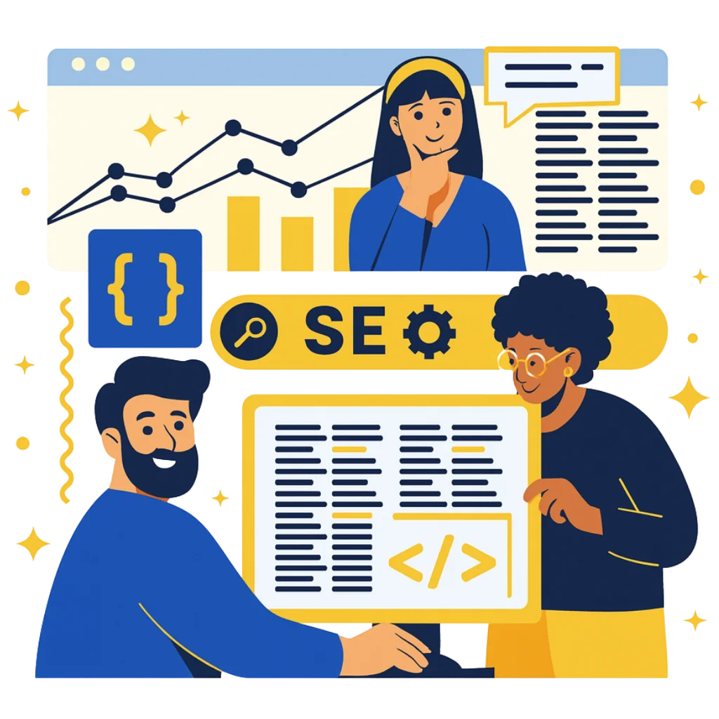 Flat-vector technical SEO illustration featuring a strategist reviewing page speed, crawling, indexing, and mobile optimisation dashboards for a kitchen cleaning business.