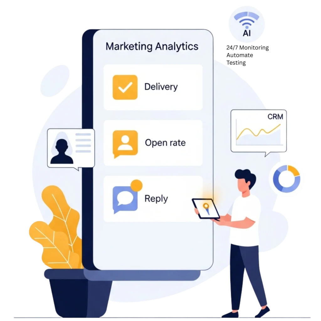 Flat-vector illustration of marketing strategists viewing a real-time transparency dashboard with delivery, open-rate, reply, and AI-monitoring icons, representing Alfa Reputation’s fully transparent marketing tracking system for kitchen cleaning companies.