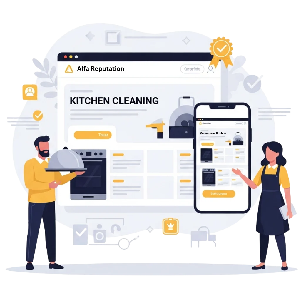 Flat-vector illustration of a WordPress specialist showing a trust-focused website layout designed for commercial kitchen cleaning companies, emphasising clarity, fast loading, and strong lead generation.