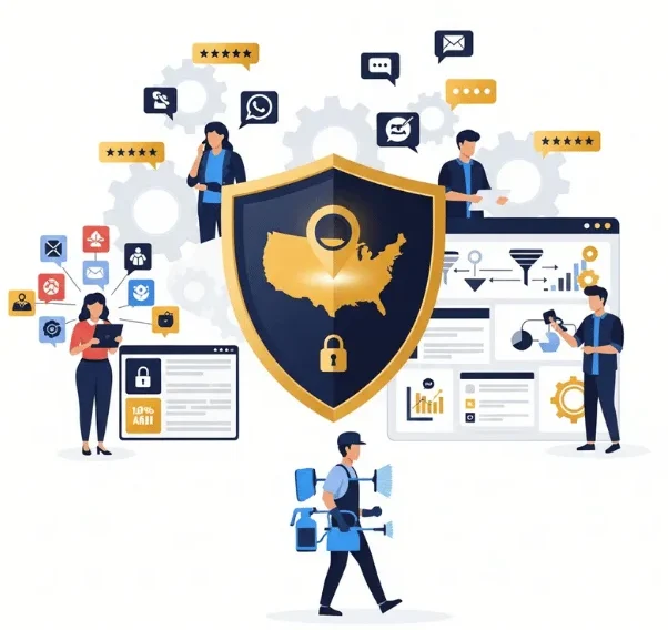Illustration showing Alfa Reputation’s exclusive state protection and AI-powered marketing system for commercial kitchen cleaning companies, using gold, navy, and black flat-vector design.