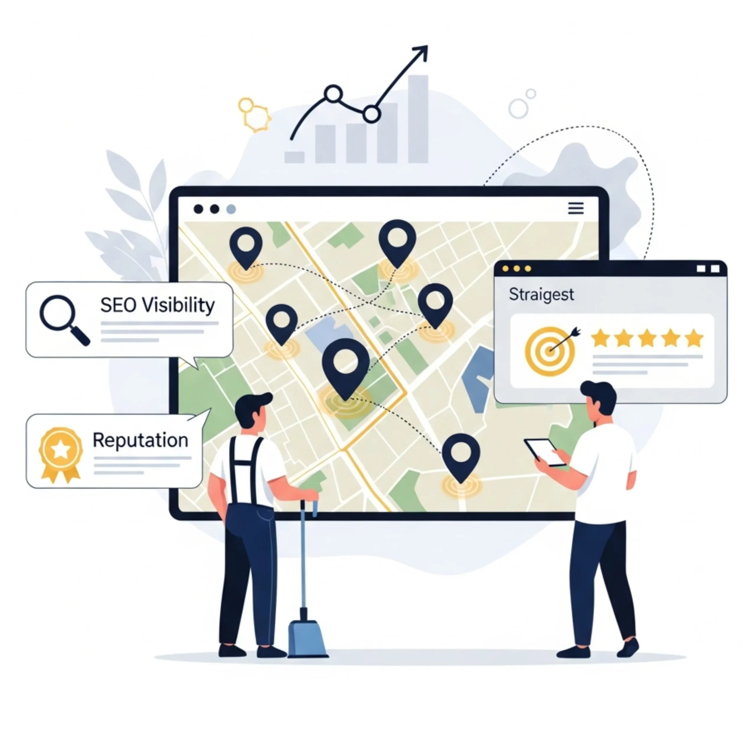 Flat-vector illustration showing a kitchen cleaner and strategist viewing a multi-location digital map with SEO, ads, and reputation icons, representing Alfa Reputation’s coordinated digital marketing system for kitchen cleaning companies.