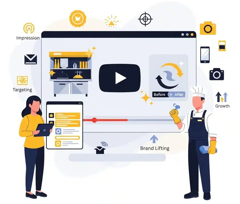 Flat-vector illustration of a centralized local visibility system connecting multiple platforms and directories through a controlled dashboard, designed in Alfa Reputation’s gold, navy, silver, and white brand style.
