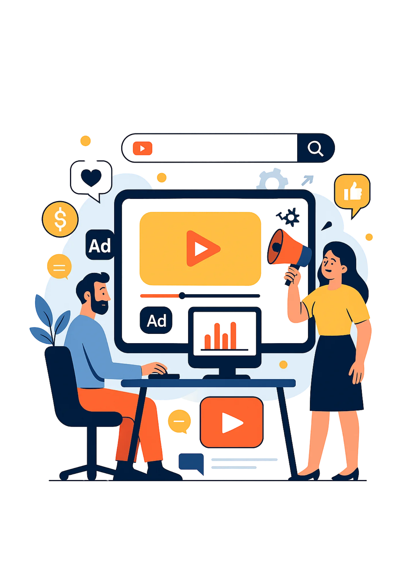 Flat-vector illustration of a YouTube-style video advertising dashboard with play icons, targeting symbols, and brand-awareness visuals, supported by marketing and cleaning characters representing video-driven visibility for cleaning companies.