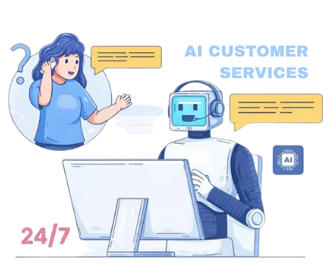 Flat-vector illustration of an AI call management system controlling inbound and outbound business conversations through structured workflows and dashboards in Alfa Reputation’s gold and navy brand style.