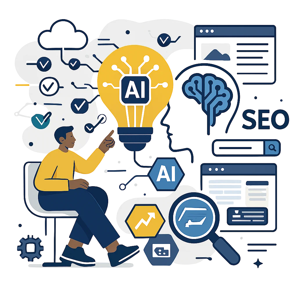 Flat-vector illustration of an SEO strategist showing an AI SEO Services for kitchen cleaning businesses, with icons symbolising Google and AI search engines in Alfa Reputation’s modern style.