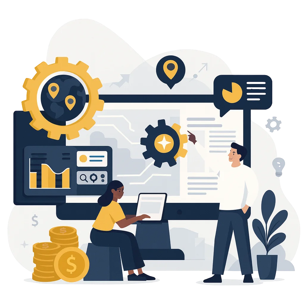 Flat-vector illustration of an advanced automation engine with layered workflow lanes for commercial kitchen cleaning businesses.