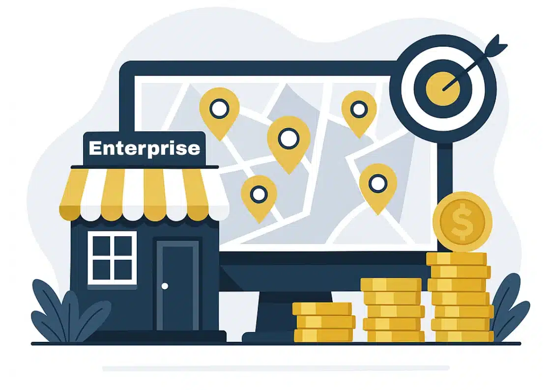 Flat-vector illustration of an enterprise SEO system connecting multiple cities with analytics dashboards for commercial kitchen cleaning companies.