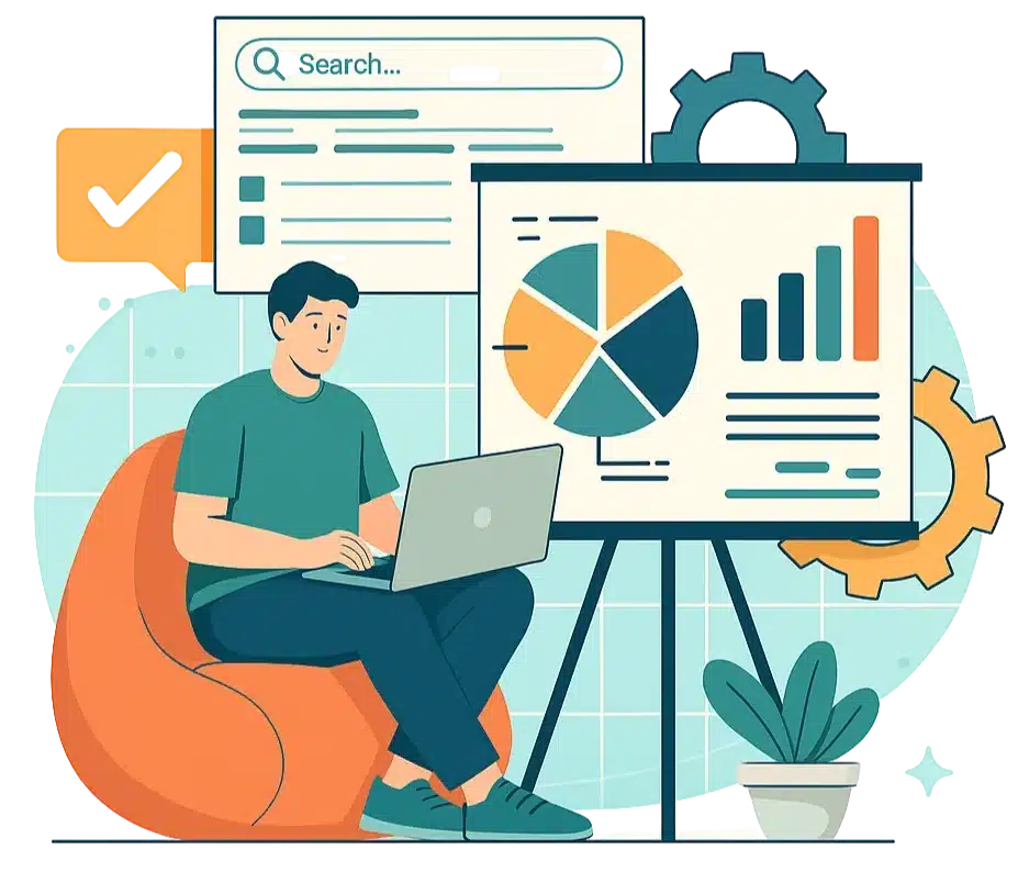 Flat-vector illustration of a franchise SEO audit system reviewing multi-location performance and technical health for a kitchen cleaning brand.