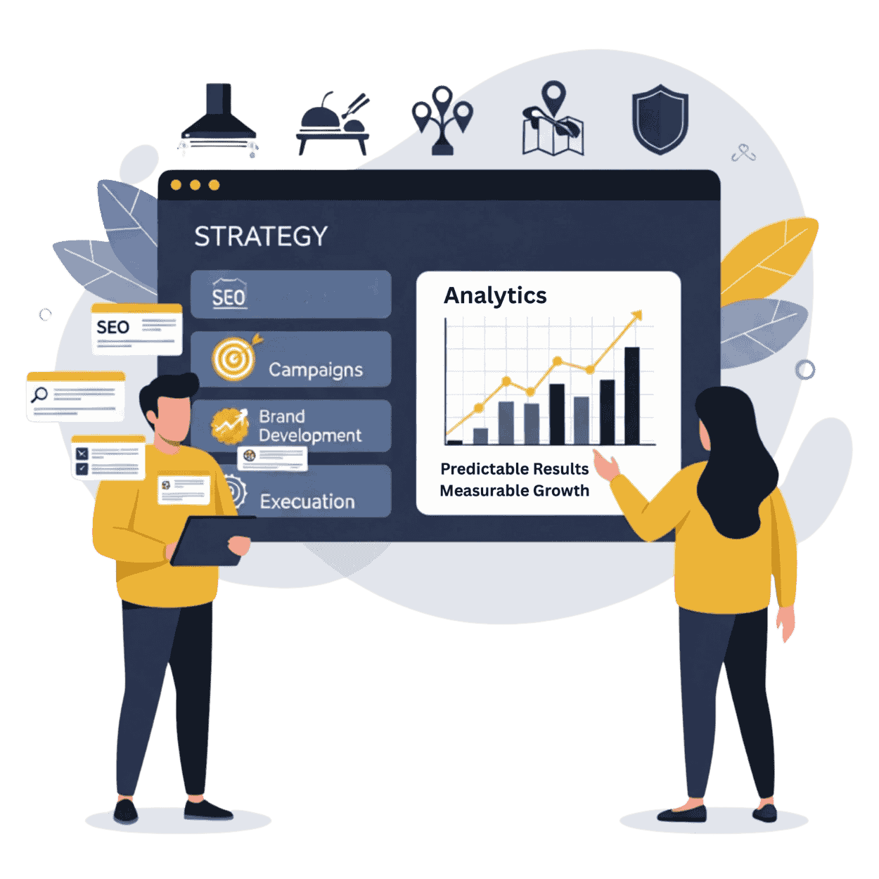Flat-vector illustration of two marketing strategists reviewing a digital strategy board with SEO, ads, branding, and analytics icons, representing Alfa Reputation’s niche digital marketing partnership for commercial kitchen cleaning companies in the U.S.