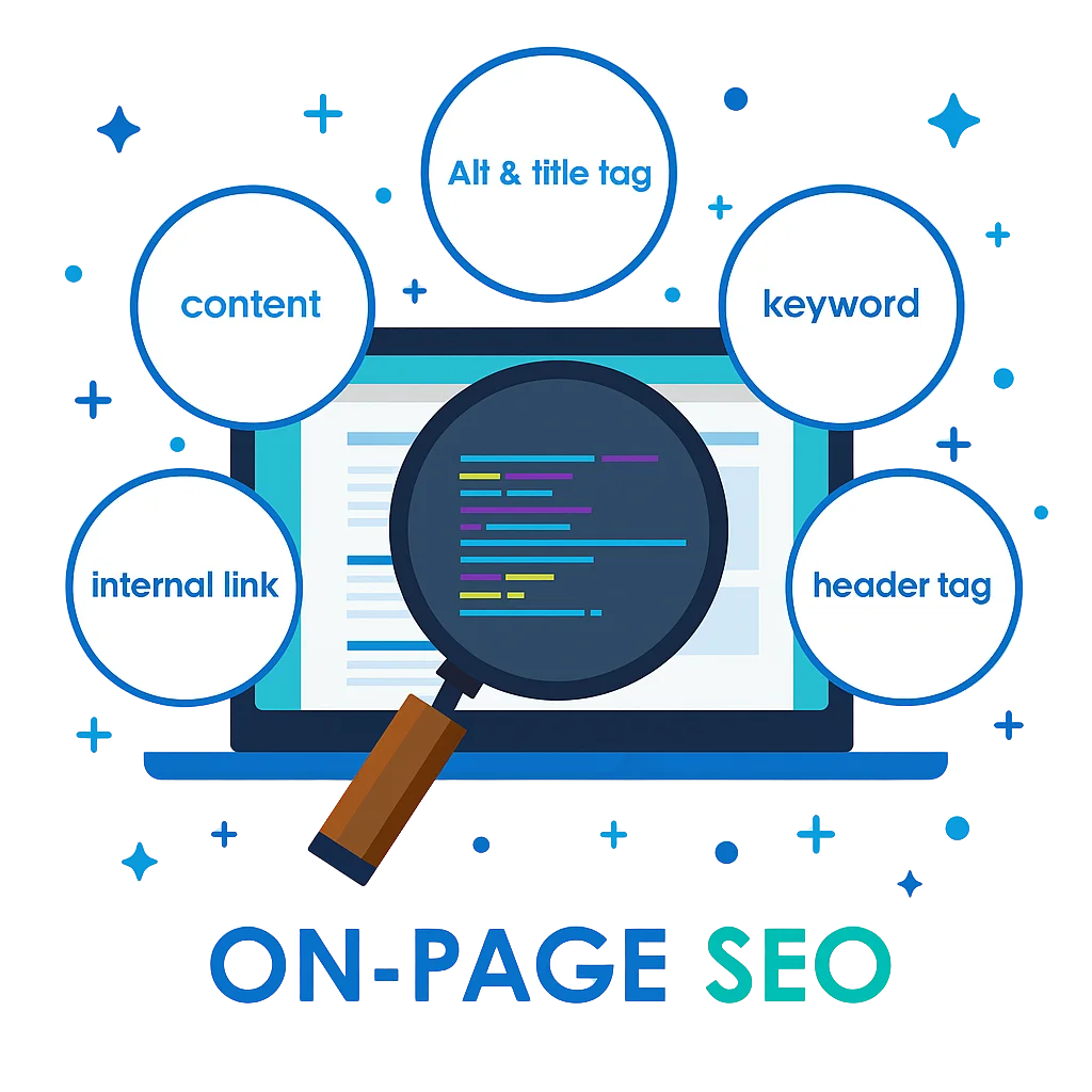 Flat-vector illustration of an SEO expert optimizing meta titles, internal links, and page structure for a kitchen cleaning business, shown through clean dashboard elements in Alfa Reputation’s style.