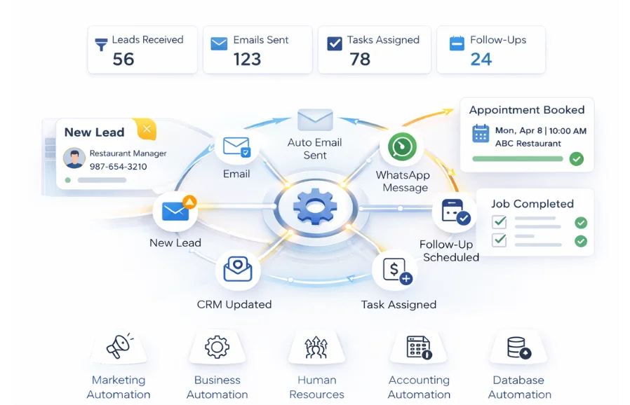 Alfa Reputation business automation workflow showing automated marketing, CRM updates, follow ups, and task management for service businesses