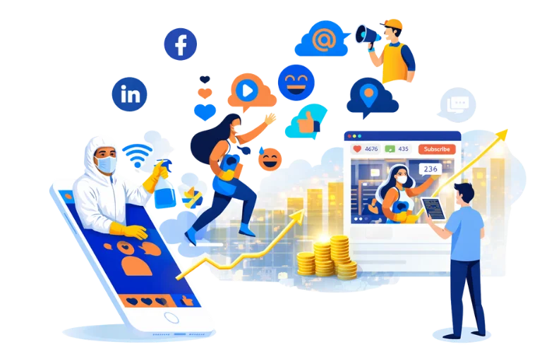Alfa Reputation social media marketing illustration showing kitchen cleaning businesses growing through engagement, followers, and online visibility