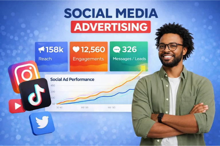 Alfa Reputation social media advertising dashboard showing Facebook ad reach, engagement, messages, and leads with performance growth